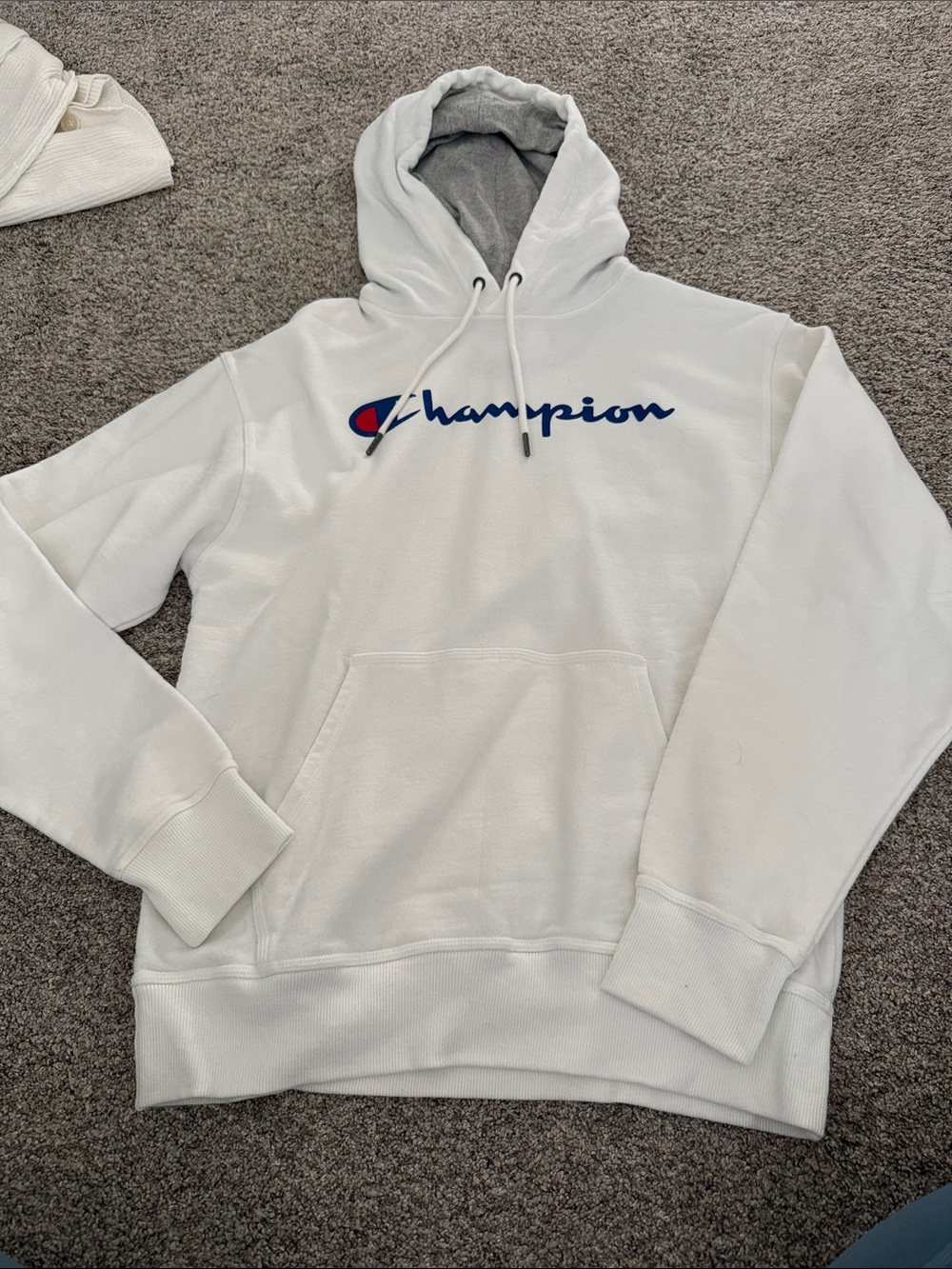 Champion White Hoodie with Blue Script and Red Accent Medium
